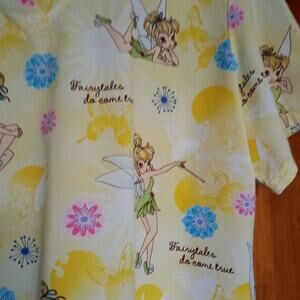 DISNEY Tinkerbell Scrubs Top Dreams Do Come True Yellow Cotton Medical V Neck M